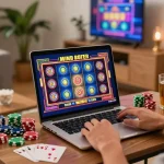 Joueur heureux interagissant avec un casino en ligne sur un ordinateur portable, entouré de jetons et de cartes de jeu, dans une ambiance chaleureuse.