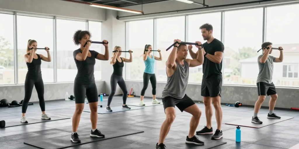 Scène dynamique à Steroide Boutique avec des athlètes s'entraînant dans une salle de sport moderne.