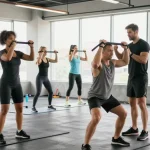 Scène dynamique à Steroide Boutique avec des athlètes s'entraînant dans une salle de sport moderne.