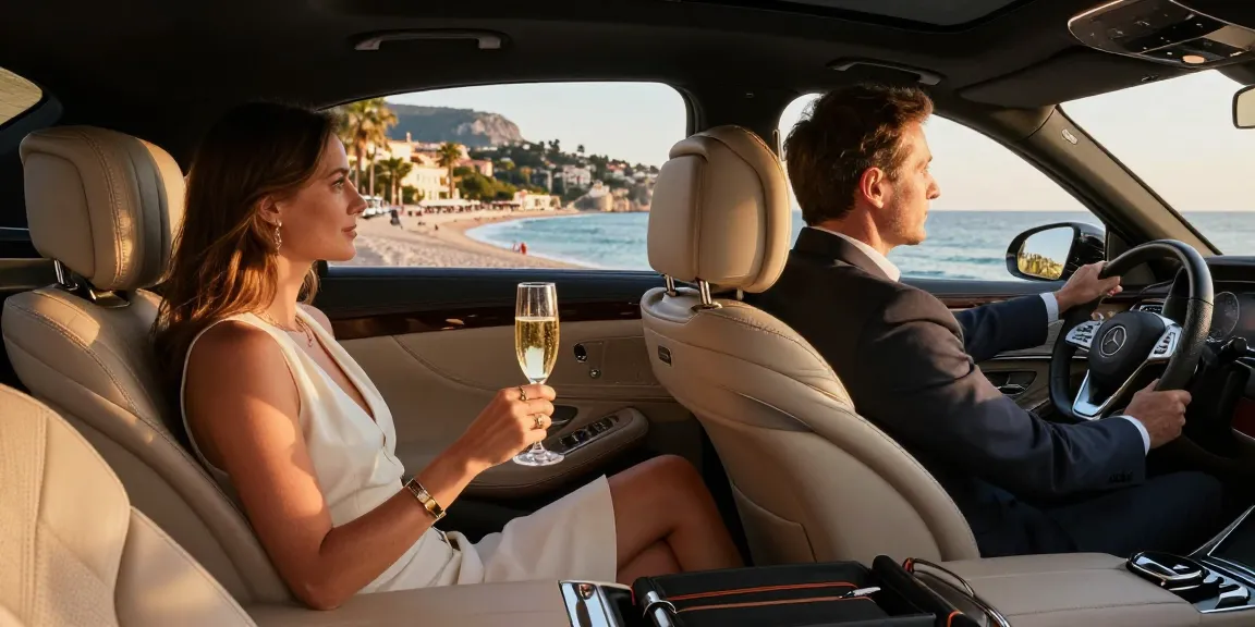 Transfert privé Nice Cannes, passager dans une berline luxueuse admirant la Côte d'Azur.
