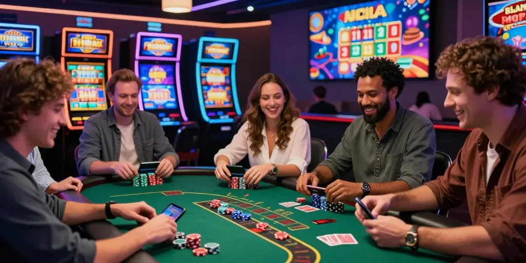 Visitez un casino en ligne animé avec des jeux passionnants, des joueurs heureux et une ambiance de fête.