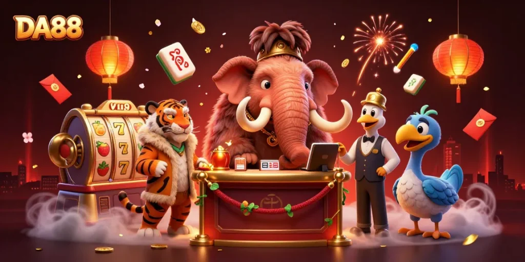 DA88 showcases a vibrant casino scene featuring a woolly mammoth bouncer, a saber-tooth VIP, and lively game elements.
