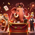 DA88 showcases a vibrant casino scene featuring a woolly mammoth bouncer, a saber-tooth VIP, and lively game elements.