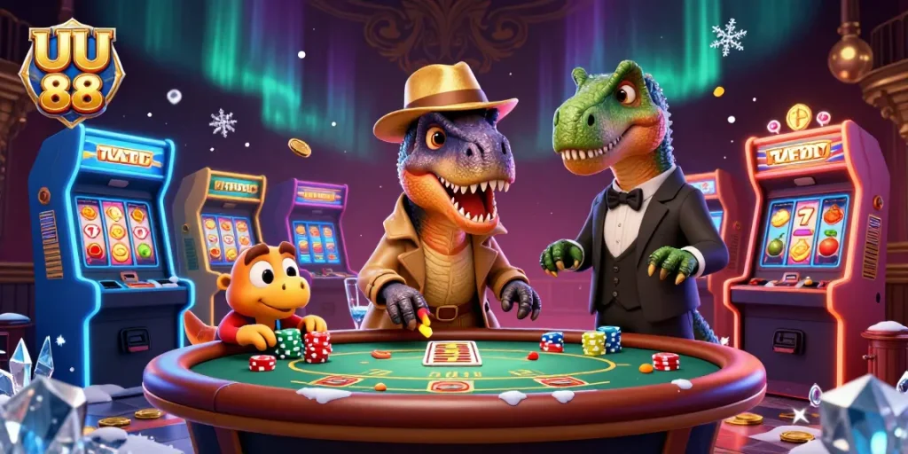 Experience thrilling action at UU 88 with cartoon dinosaurs in a vibrant casino setting.