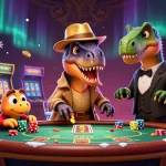 Experience thrilling action at UU 88 with cartoon dinosaurs in a vibrant casino setting.