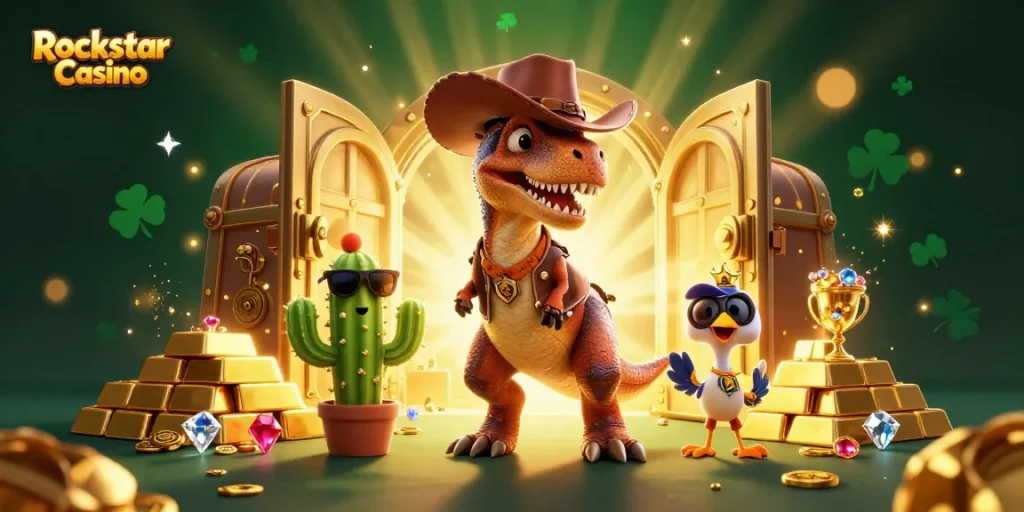 Experience the thrill at Rockstar Casino with explosive jackpots and festive treasure in this vibrant illustration.