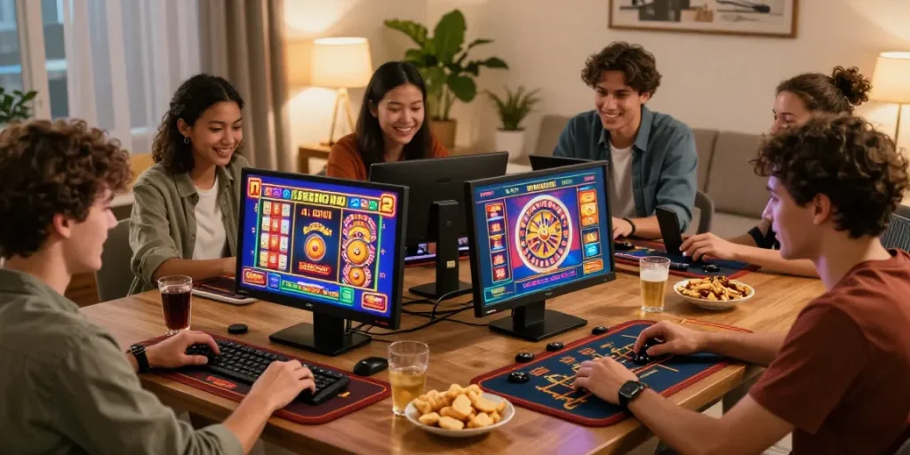 Des joueurs engagés dans un casino en ligne, utilisant des appareils avec des jeux colorés et une ambiance conviviale.