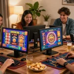 Des joueurs engagés dans un casino en ligne, utilisant des appareils avec des jeux colorés et une ambiance conviviale.