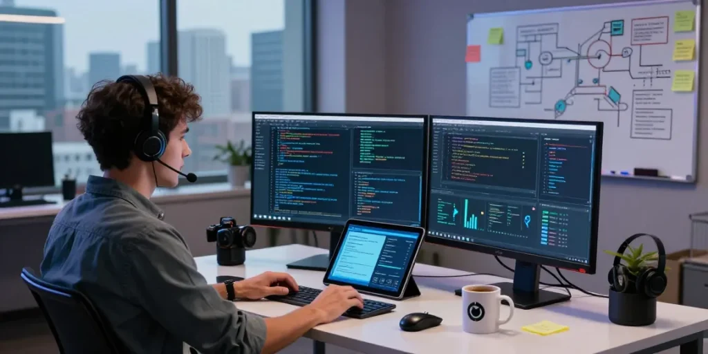 Analyse des menaces avec le meilleur logiciel espion dans un bureau moderne avec des écrans d'analyse et des outils de monitoring.
