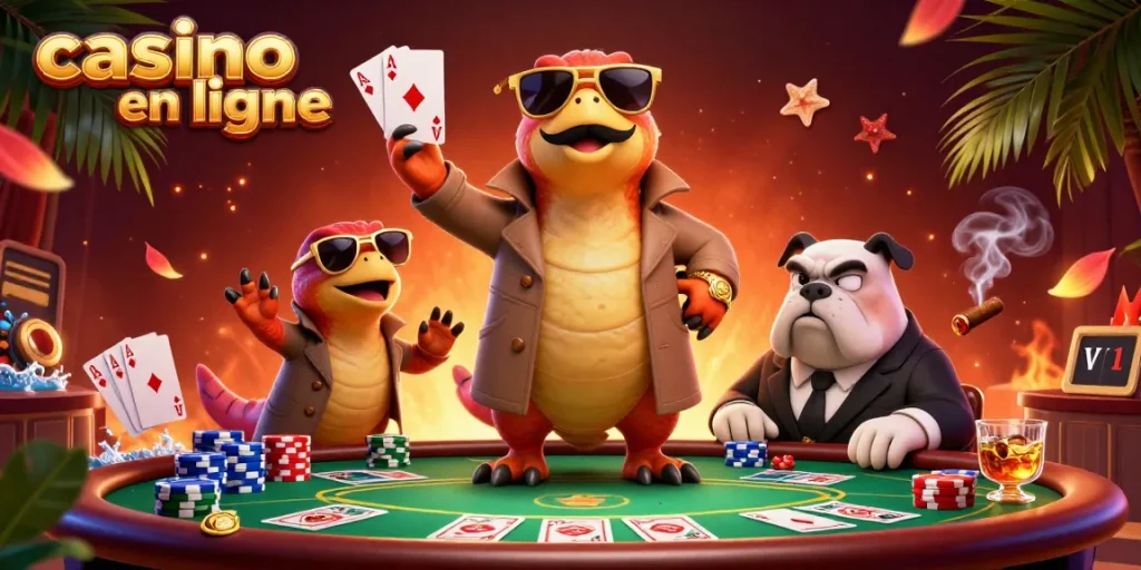 Cette illustration captivante montre un casino en ligne avec des raptors déguisés tentant d'entrer dans un salon VIP.