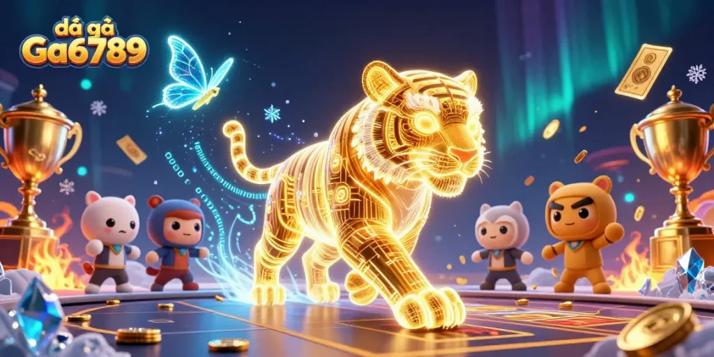 Experience intense battles in đá gà Ga6789 with dynamic betting elements and glowing trophies.