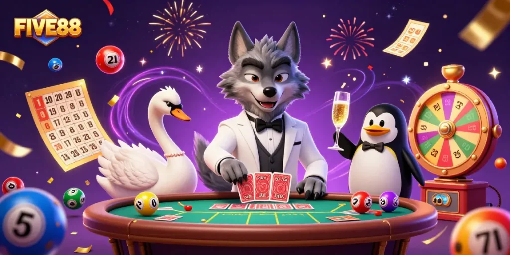 FIVE88 showcases a vibrant casino scene with a debonair wolf enjoying baccarat, enhancing online gaming excitement.