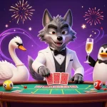 FIVE88 showcases a vibrant casino scene with a debonair wolf enjoying baccarat, enhancing online gaming excitement.