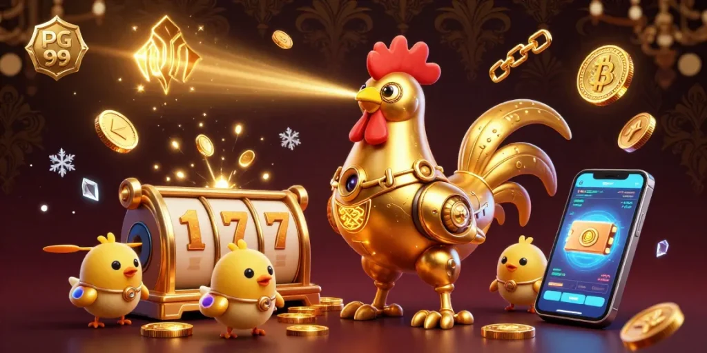 Experience vibrant action at PG 99 with golden rooster robot and floating coins in a 3D casino illustration.