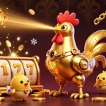 Experience vibrant action at PG 99 with golden rooster robot and floating coins in a 3D casino illustration.