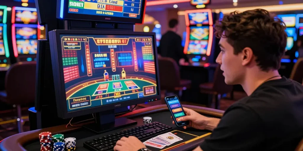 Joueur engagé sur un casino en ligne fiable, avec graphismes animés, jetons et cartes, créant une ambiance de jeu excitante.