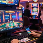Joueur engagé sur un casino en ligne fiable, avec graphismes animés, jetons et cartes, créant une ambiance de jeu excitante.