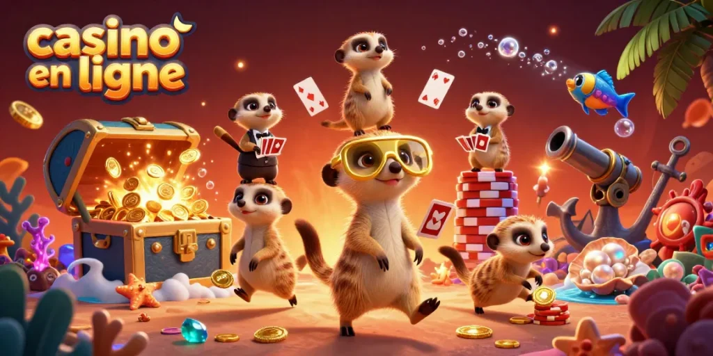 Jouer au casino en ligne avec des suricates gérant des jeux et des éléments marins scintillants.