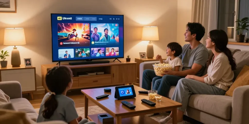 Abonnement IPTV offrant une expérience de télévision premium en famille avec un écran 4K Ultra HD.