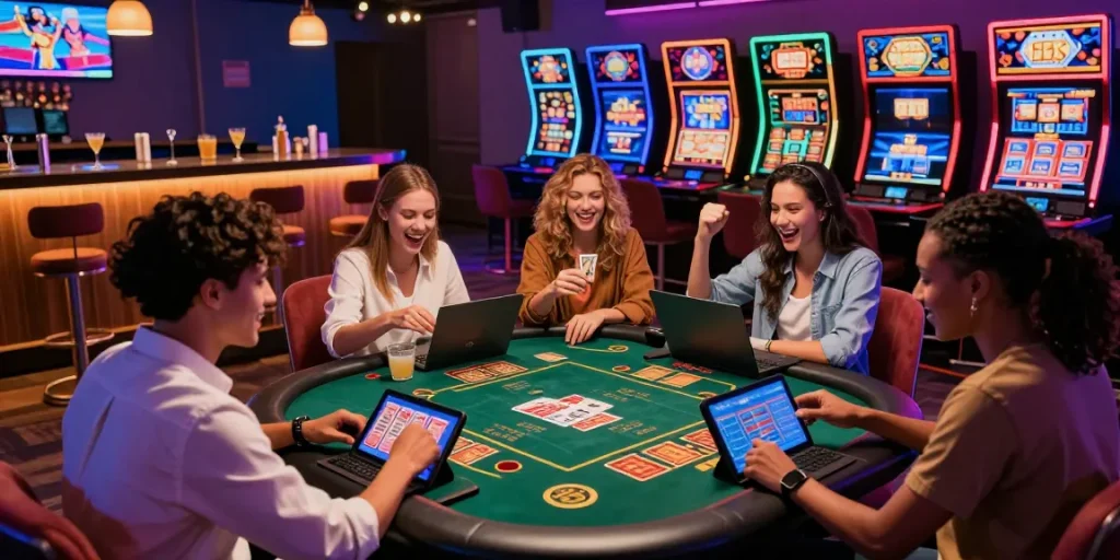 Des amis profitant d'une soirée au casino en ligne, jouant à des jeux de cartes et machines à sous, ambiance festive et lumineuse.