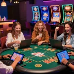 Des amis profitant d'une soirée au casino en ligne, jouant à des jeux de cartes et machines à sous, ambiance festive et lumineuse.