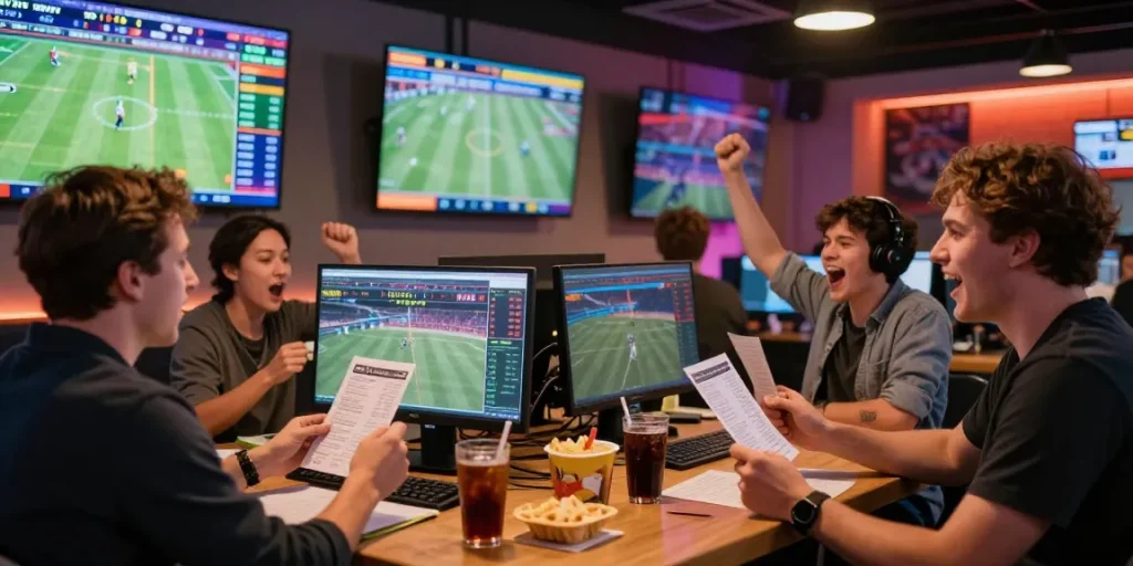 Scène dynamique d'un bookmaker sans limite de mise avec des parieurs enthousiastes analysant des matchs sportifs.