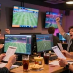 Scène dynamique d'un bookmaker sans limite de mise avec des parieurs enthousiastes analysant des matchs sportifs.