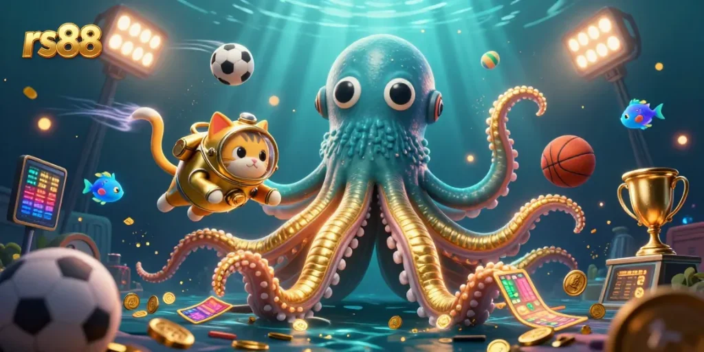 Join the thrilling adventure at rs88, where a kraken and diving cat take center stage in a vibrant gaming scene.
