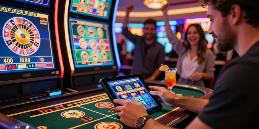 Joueur de casino en ligne concentré sur une tablette, entouré de jeux de casino et d'une ambiance festive.