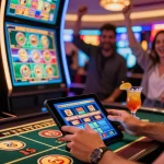 Joueur de casino en ligne concentré sur une tablette, entouré de jeux de casino et d'une ambiance festive.