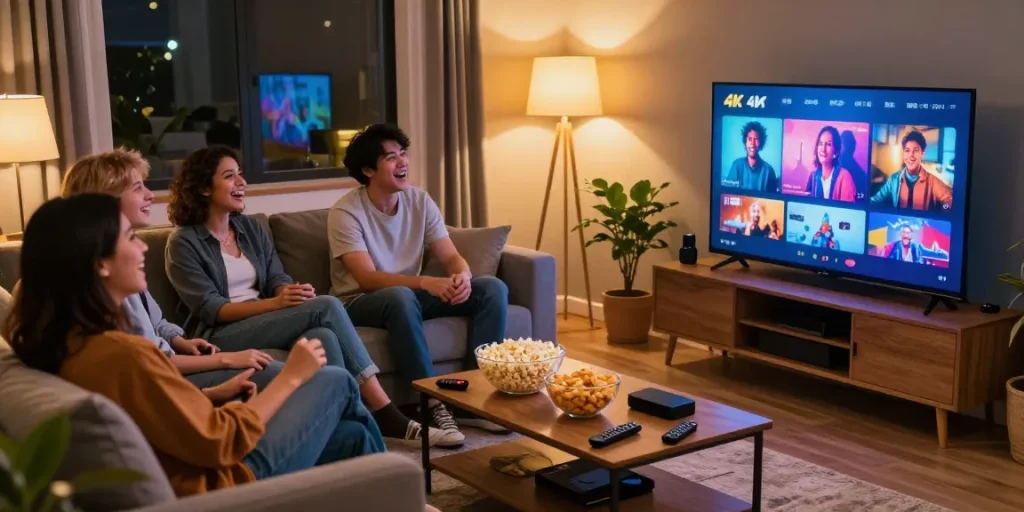 Centre de divertissement IPTV montrant un groupe d’amis regardant un abonnement iptv en 4K.