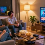 Centre de divertissement IPTV montrant un groupe d’amis regardant un abonnement iptv en 4K.