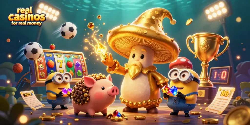 Experience real casinos for real money with a wizard, treasure, and slots in a vibrant 3D scene.