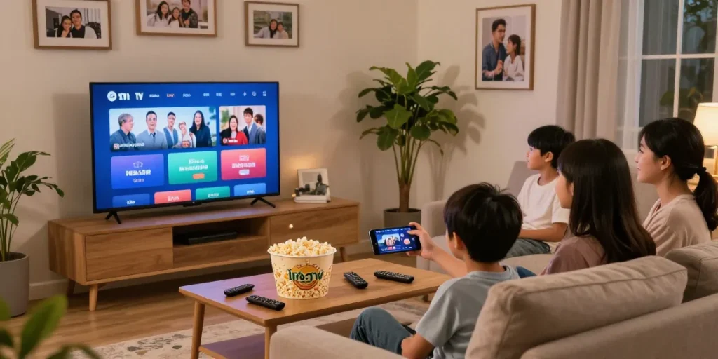 Family enjoying Iron TV subscription in a cozy living room setting.