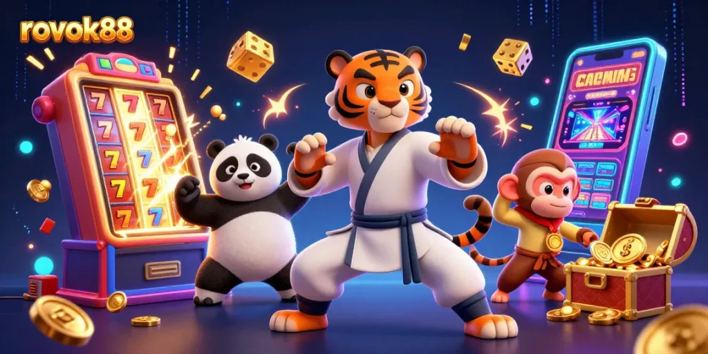 Spin to win at rokok88 with engaging slots and playful characters in a vibrant 3D casino scene.