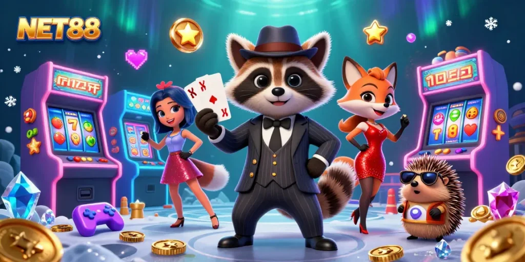 Experience NET88's thrilling atmosphere with vibrant casino characters celebrating wins.