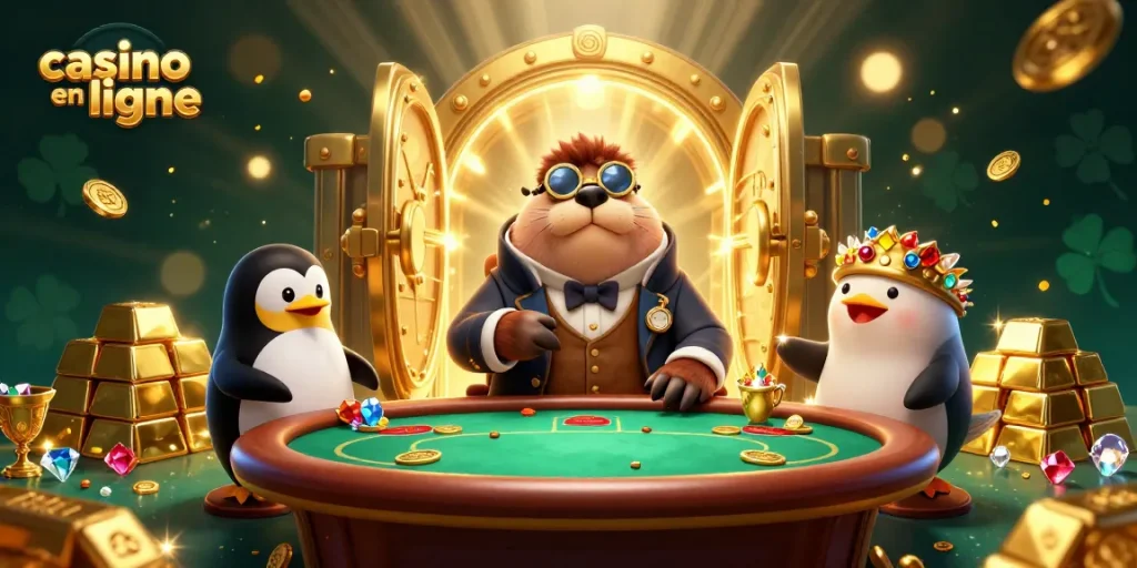 Jouez et gagnez sur un casino en ligne avec un homme morse élégant et des joueurs autour d'une table de poker.