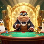 Jouez et gagnez sur un casino en ligne avec un homme morse élégant et des joueurs autour d'une table de poker.