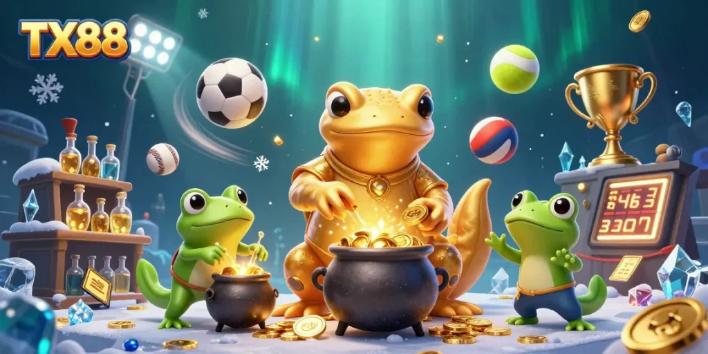 TX88 showcases a lively casino scene with a golden salamander and sports elements emerging from gold.
