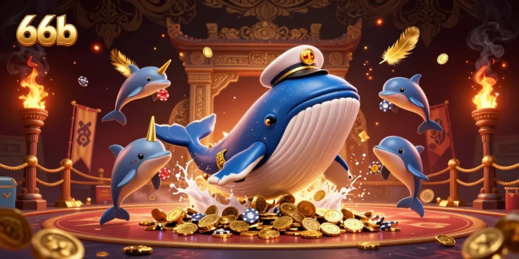 Engage with 66b's spectacular whale, narwhal, and dolphins amidst a vibrant casino scene.