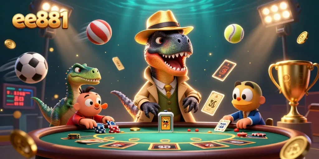Play casino games seamlessly at ee881, featuring a velociraptor card counter and sports elements.