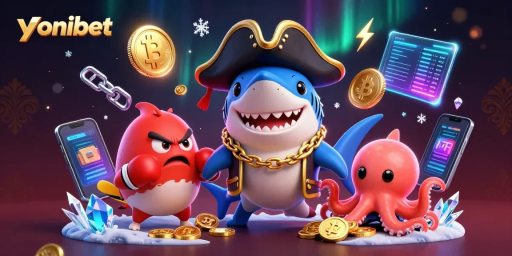 Engage in thrilling gameplay at yonibet with animated characters and crypto elements.