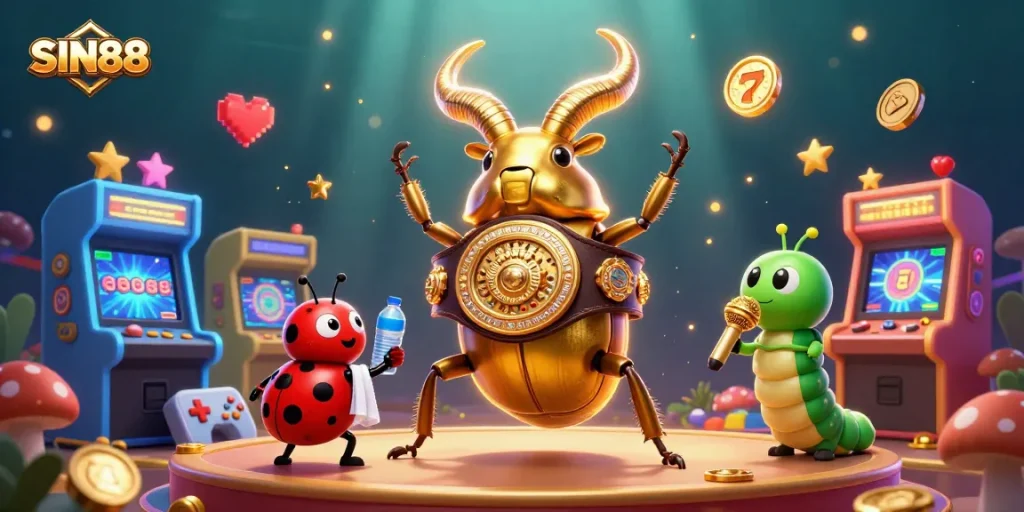 SIN88 gaming scene with a giant stag beetle, ladybug coach, and caterpillar announcer surrounded by slot visuals.