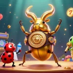 SIN88 gaming scene with a giant stag beetle, ladybug coach, and caterpillar announcer surrounded by slot visuals.