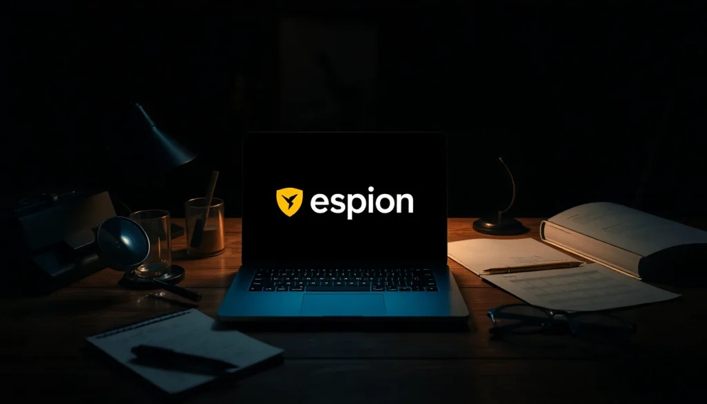 L'utilisation de l'application espion sur un bureau de détective éclairé avec des outils mystérieux.