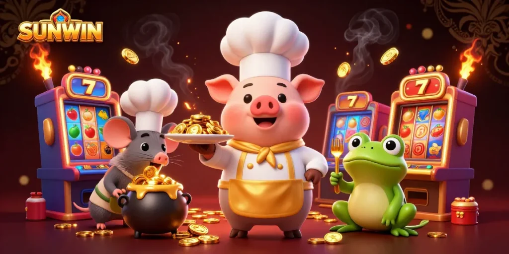 SUNWIN showcases a lively scene with a chef pig serving gold coins amidst colorful slot game machines, uniting fun and riches.