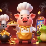 SUNWIN showcases a lively scene with a chef pig serving gold coins amidst colorful slot game machines, uniting fun and riches.