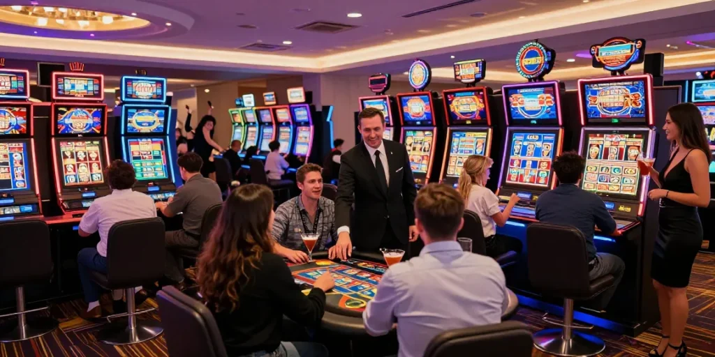 Scène de casino en ligne avec des joueurs enthousiastes et des machines à sous, représentant l'énergie du jeu.