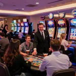 Scène de casino en ligne avec des joueurs enthousiastes et des machines à sous, représentant l'énergie du jeu.