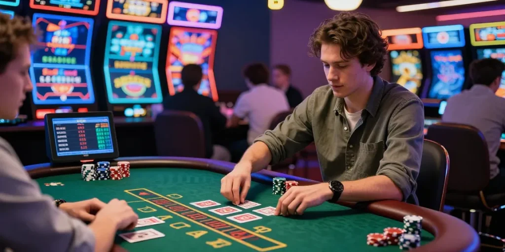 Joueur engagé dans une partie de blackjack sur un casino en ligne, entouré de graphiques colorés et d'une atmosphère animée.